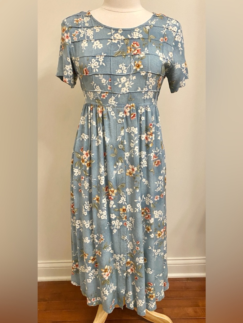 Erika & Co Petites Vintage 90s Blue Pink Floral SZ SP Cottagecore Romantic Dress